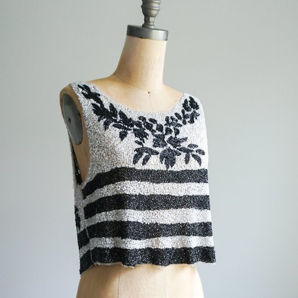 Zara fully Sequined Black and White Crop top with Flowers and Strips - Size S - Picture 2 of 12